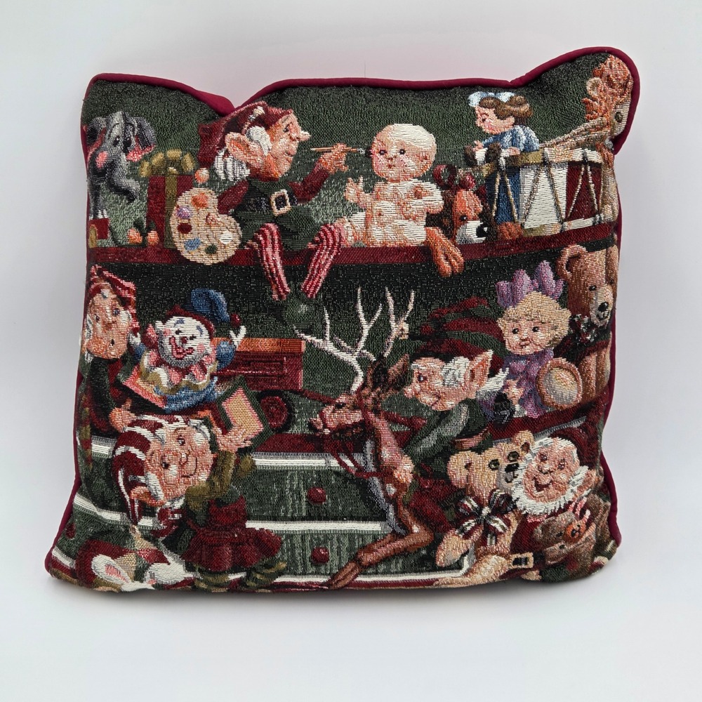 Whimsical Santa Workshop Christmas Tapestry Throw Pillow Elf Elves Reindeer Toys